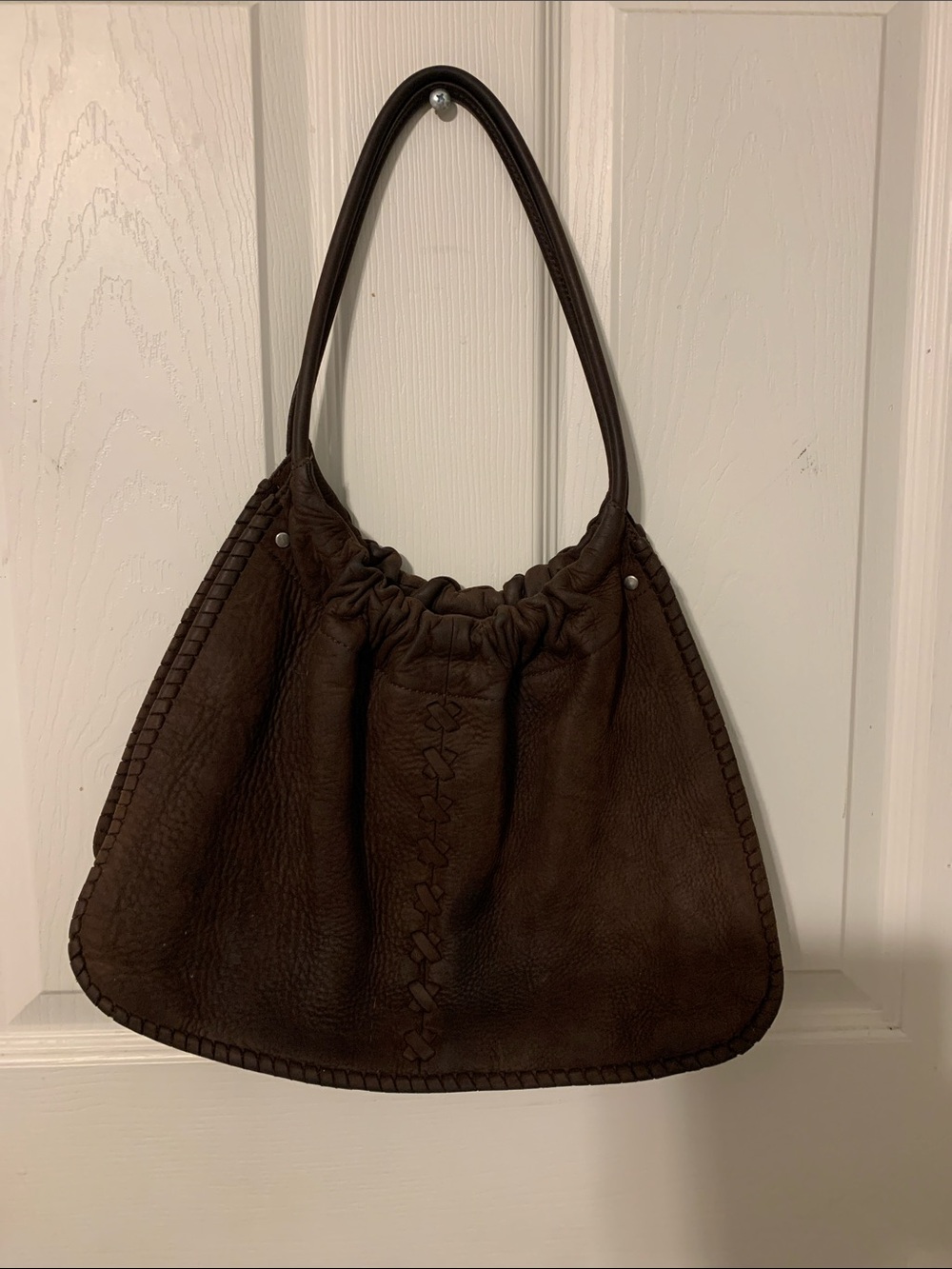 Adrianne Vittadini Soft Gathered Shoulder Bag in Deep Brown Sueded Leather
